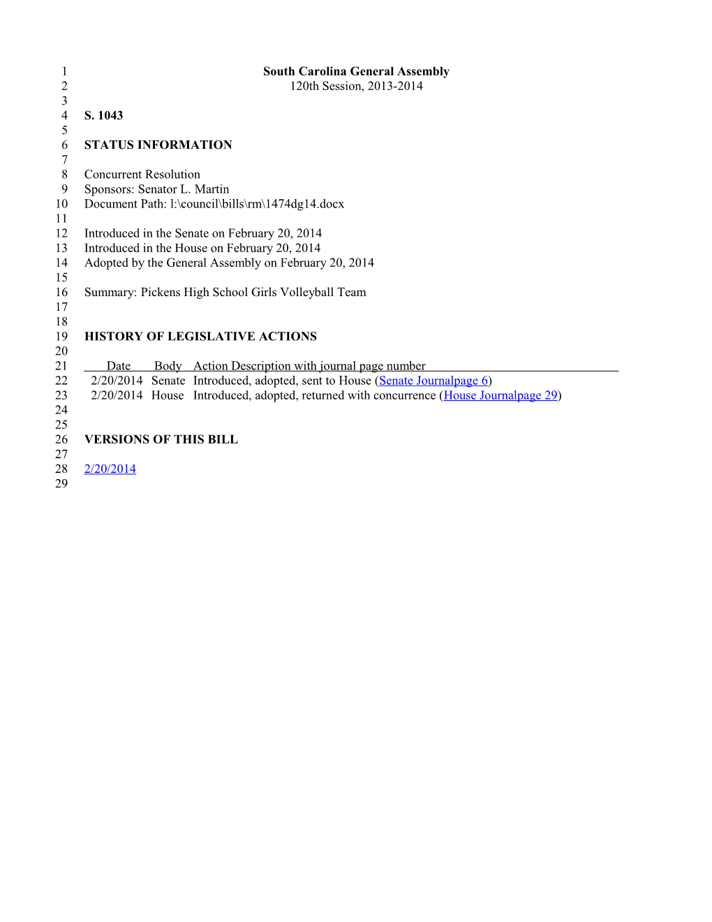 2013-2014 Bill 1043: Pickens High School Girls Volleyball Team - South Carolina Legislature