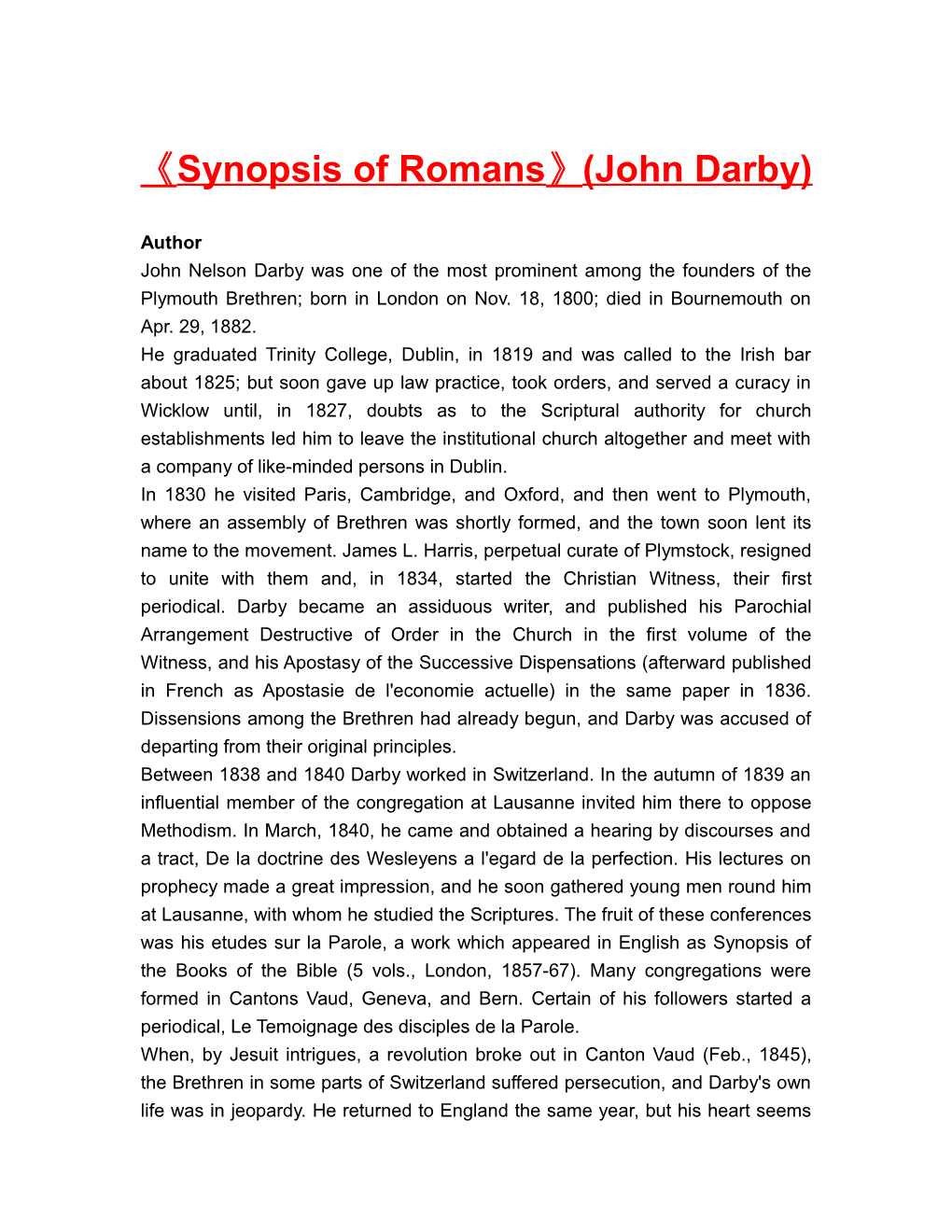 Synopsis of Romans (John Darby)