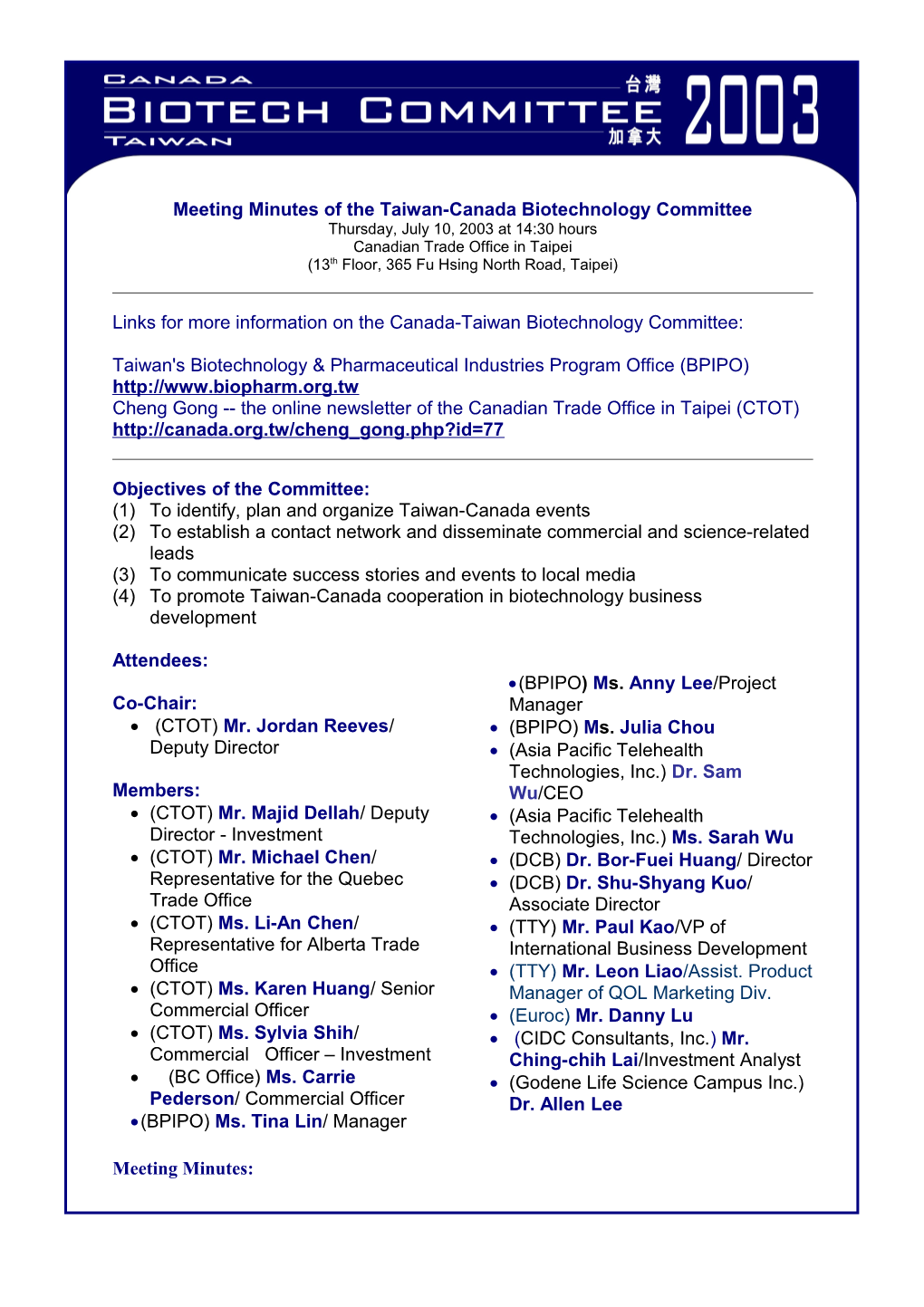 Meeting Minutes of the Taiwan-Canada Biotechnology Committee