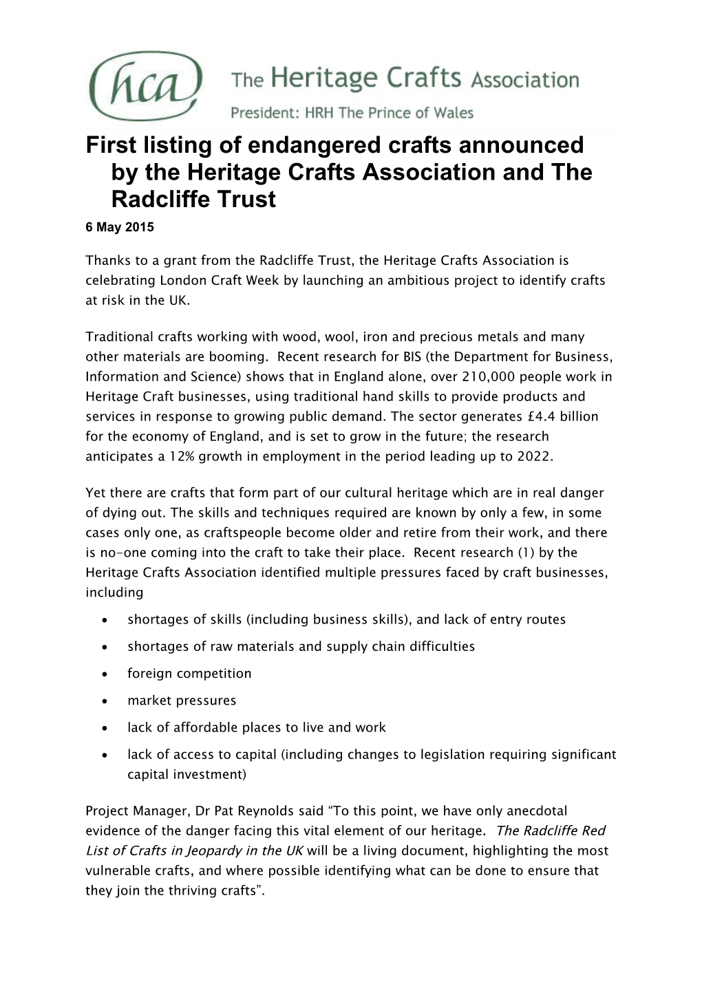 First Listing of Endangered Crafts Announced by the Heritage Crafts Association and The