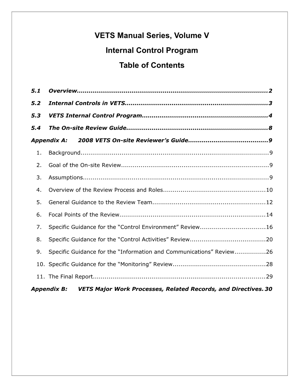 Volume V Internal Control Program