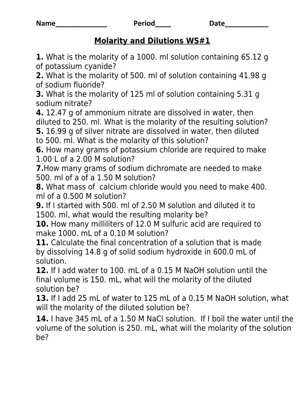 Molarity and Dilutions WS#1