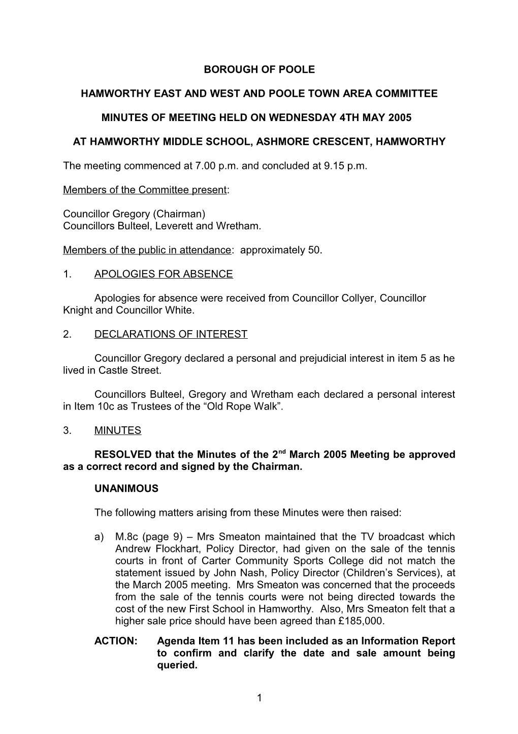 Minutes - Hamworthy East West and Poole Town Area Committee - 4Th May 2005