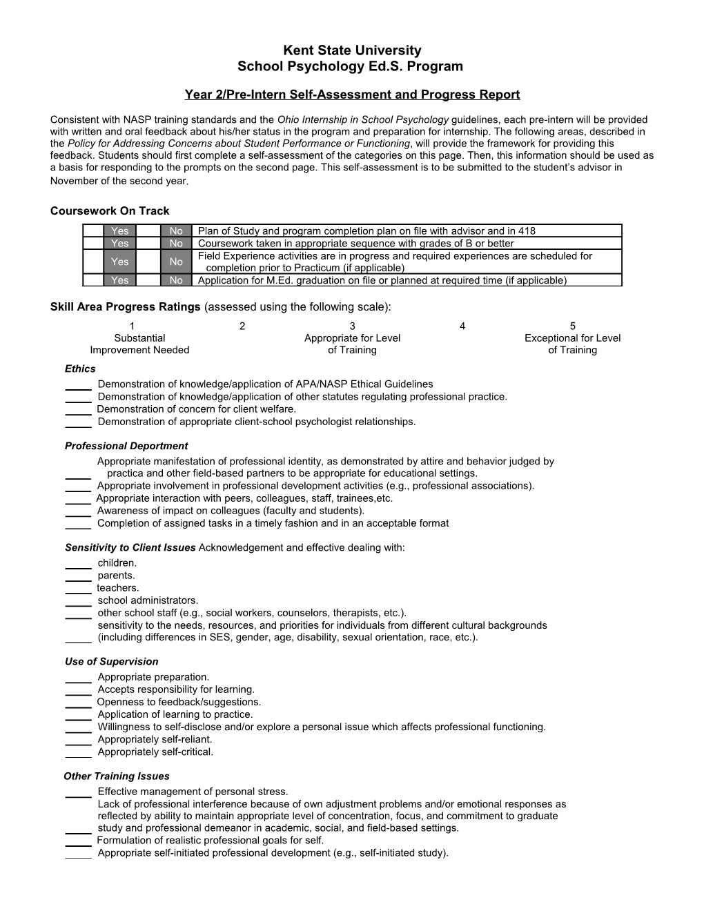 Year 1 Student Self-Assessment