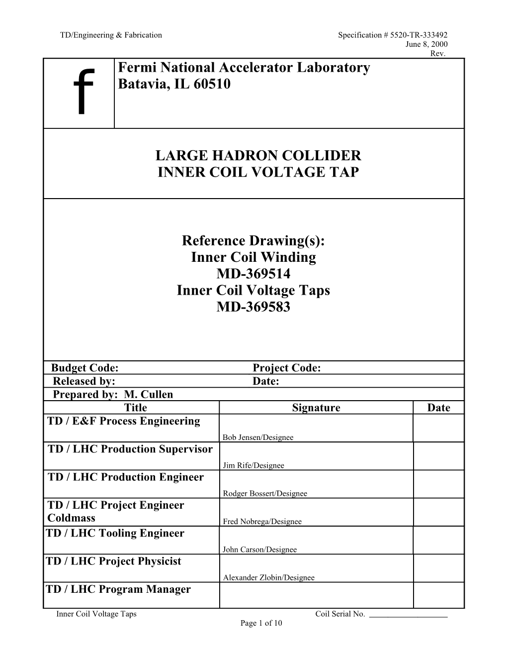 TD/Engineering & Fabricationspecification # 5520-TR-333492