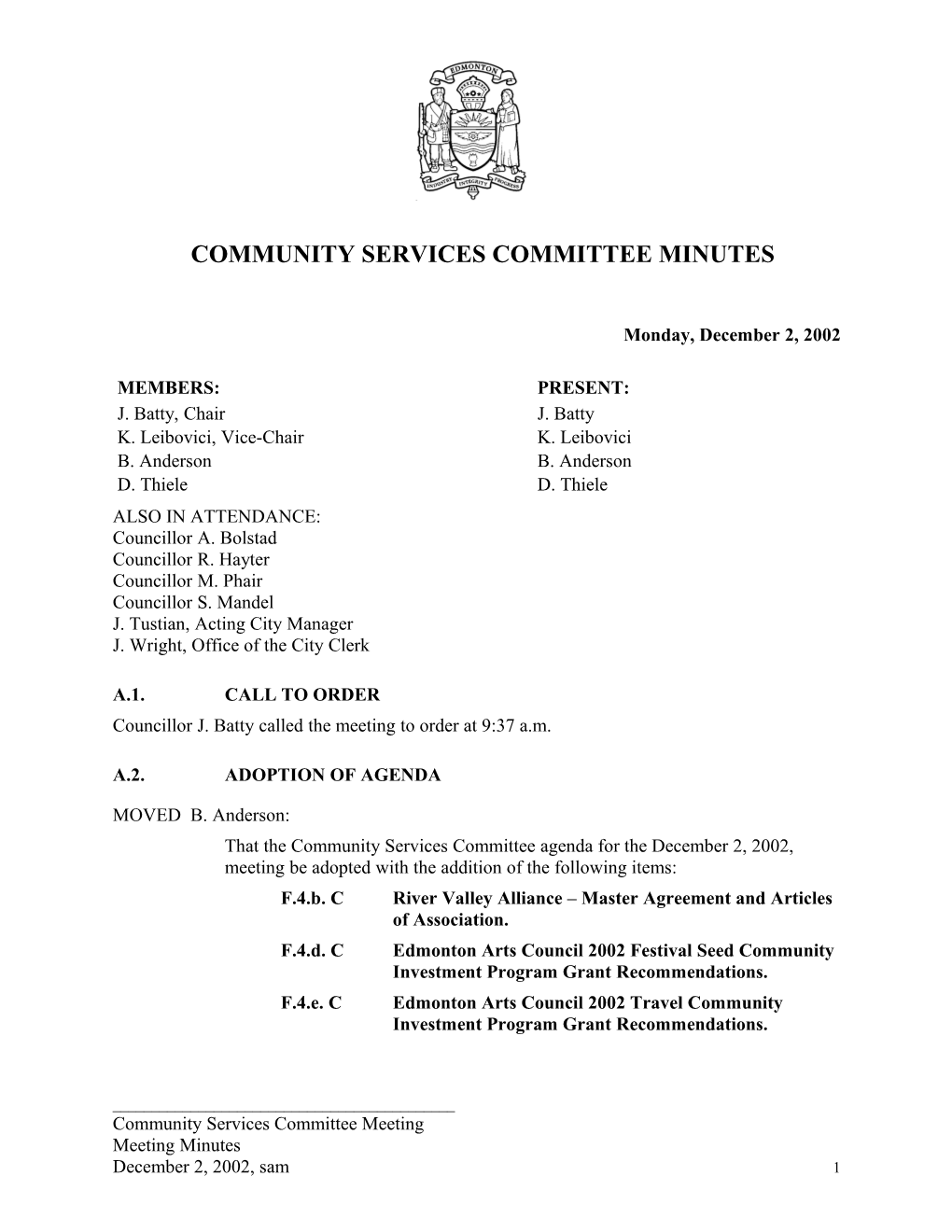 Minutes for Community Services Committee December 2, 2002 Meeting