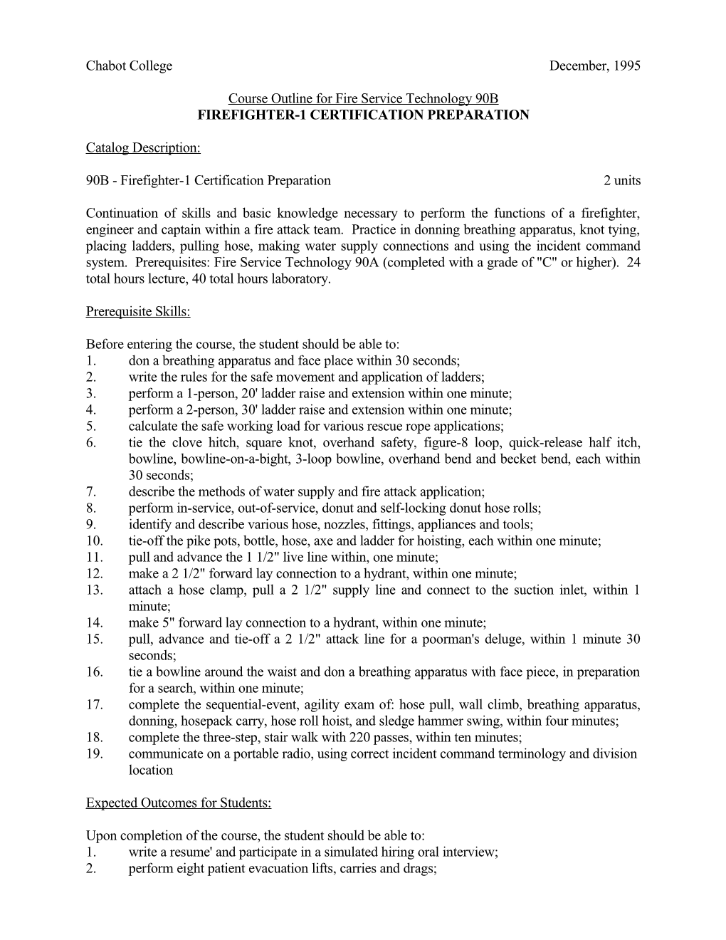 Course Outline for Fire Service Technology 90B, Page 1