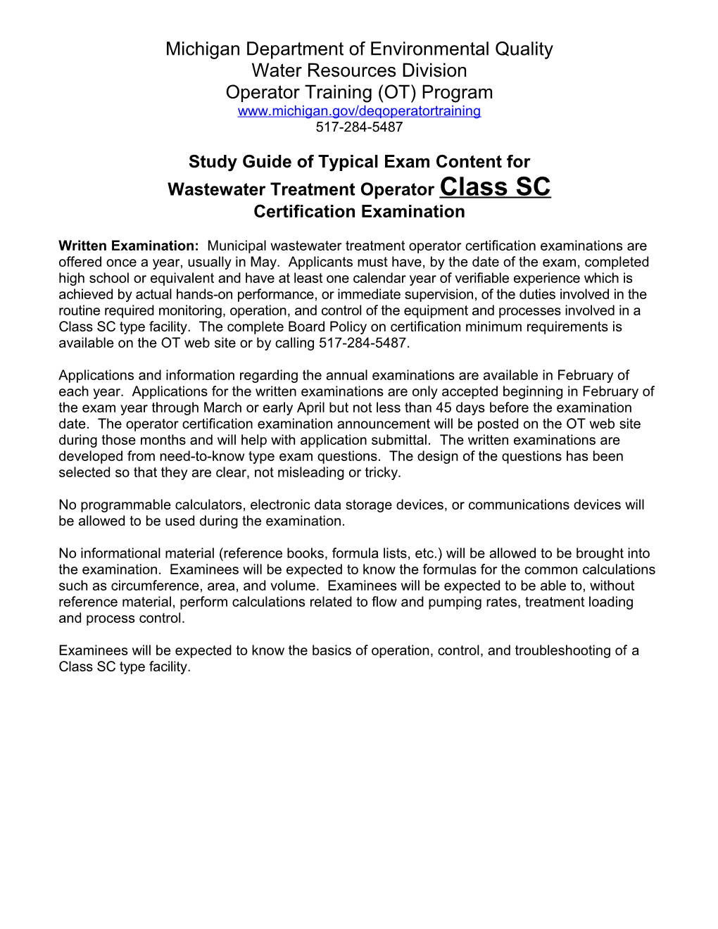 Study Guide of Typical Exam Content for Wastewater Treatment Operator Class SC Certification