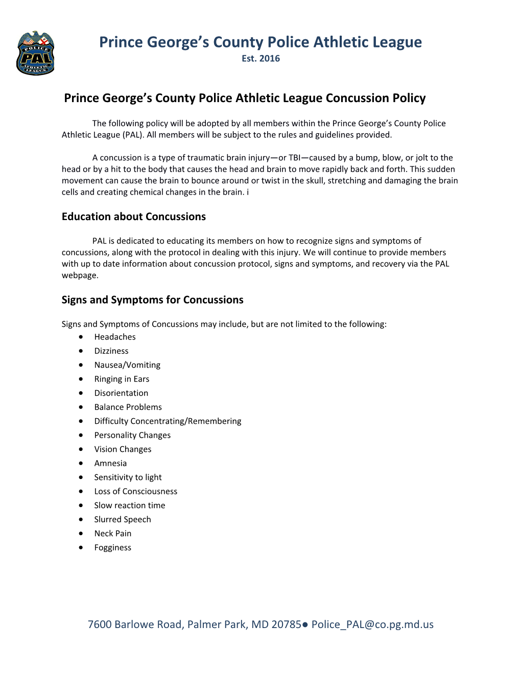 Prince George S County Police Athletic League Concussion Policy