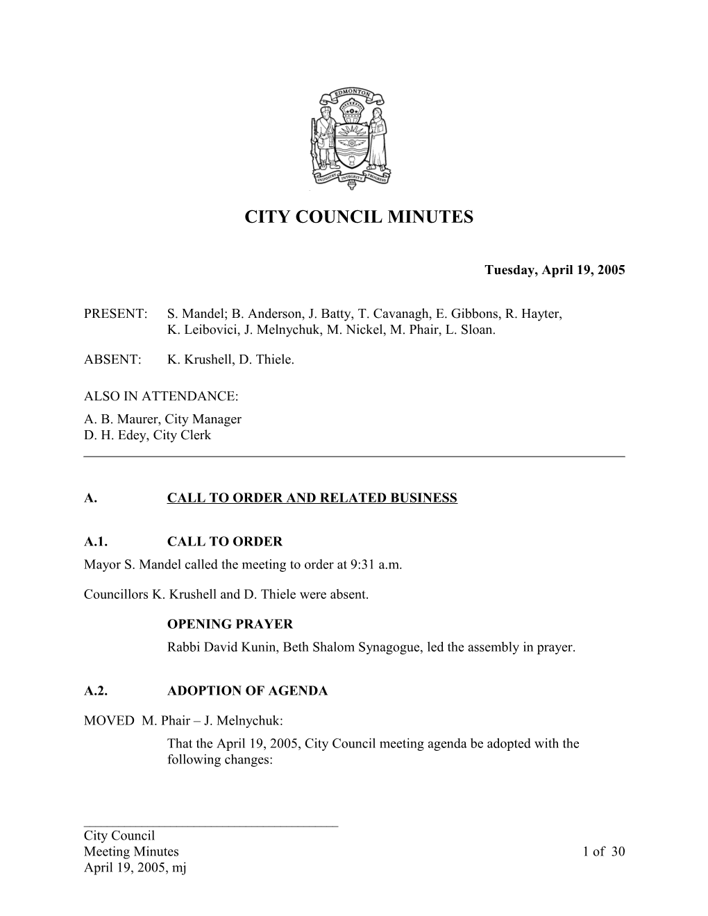 Minutes for City Council April 19, 2005 Meeting