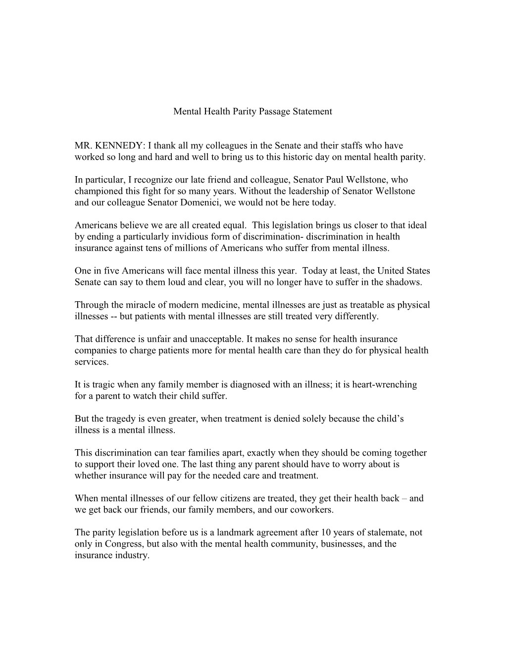 Mental Health Parity Passage Statement