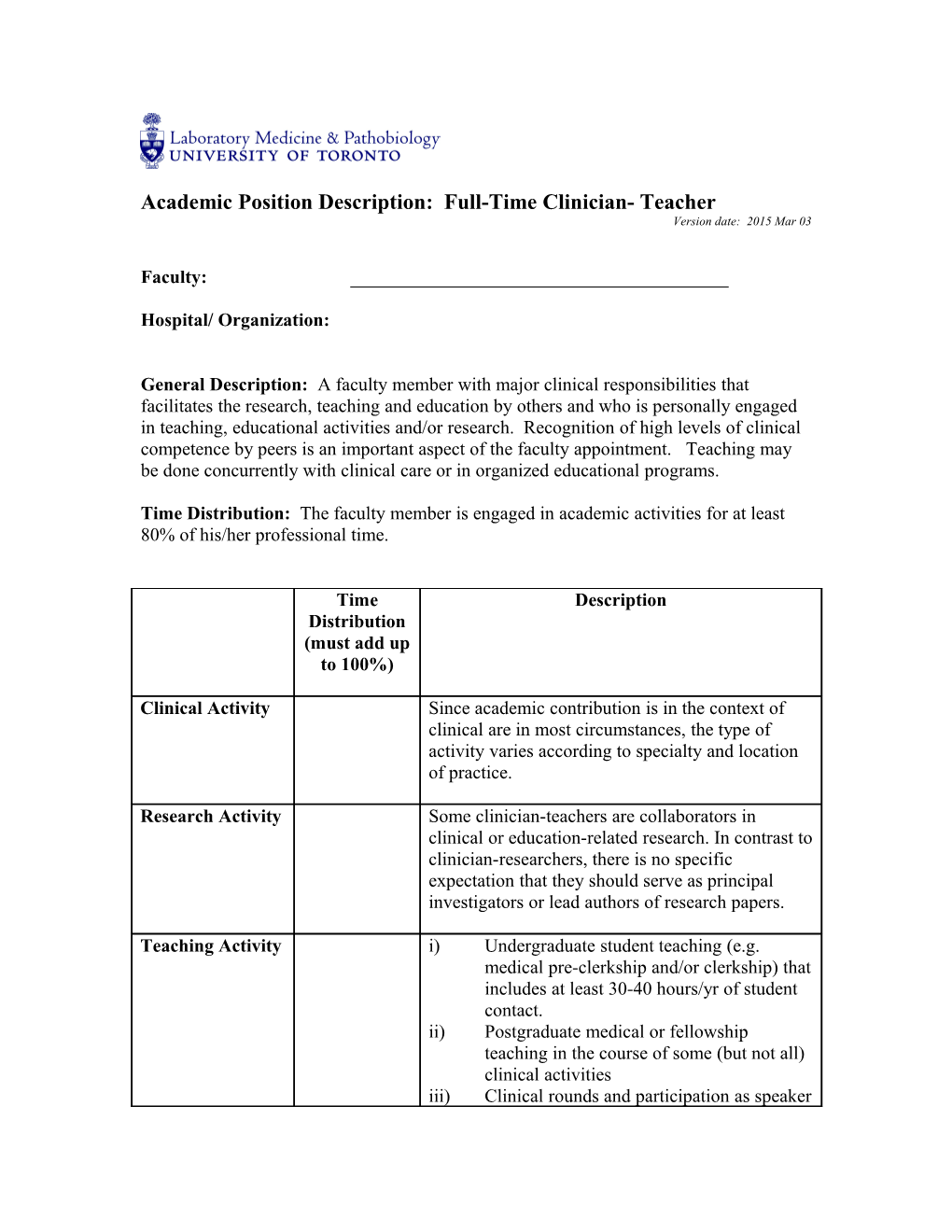 Academic Position Description: Full-Time Clinician- Teacher