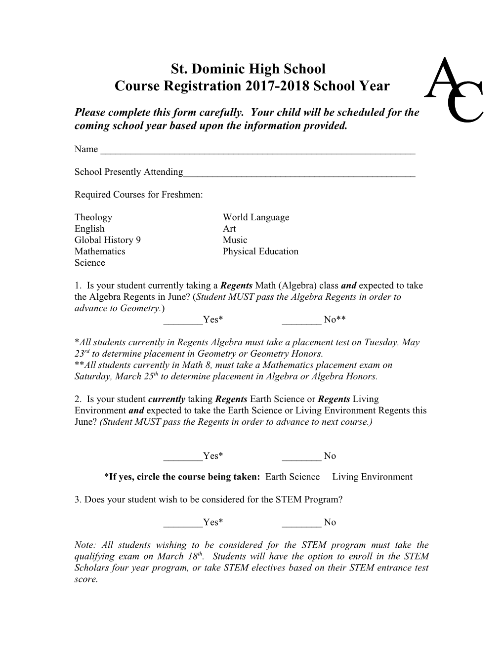 Course Registration 2017-2018 School Year