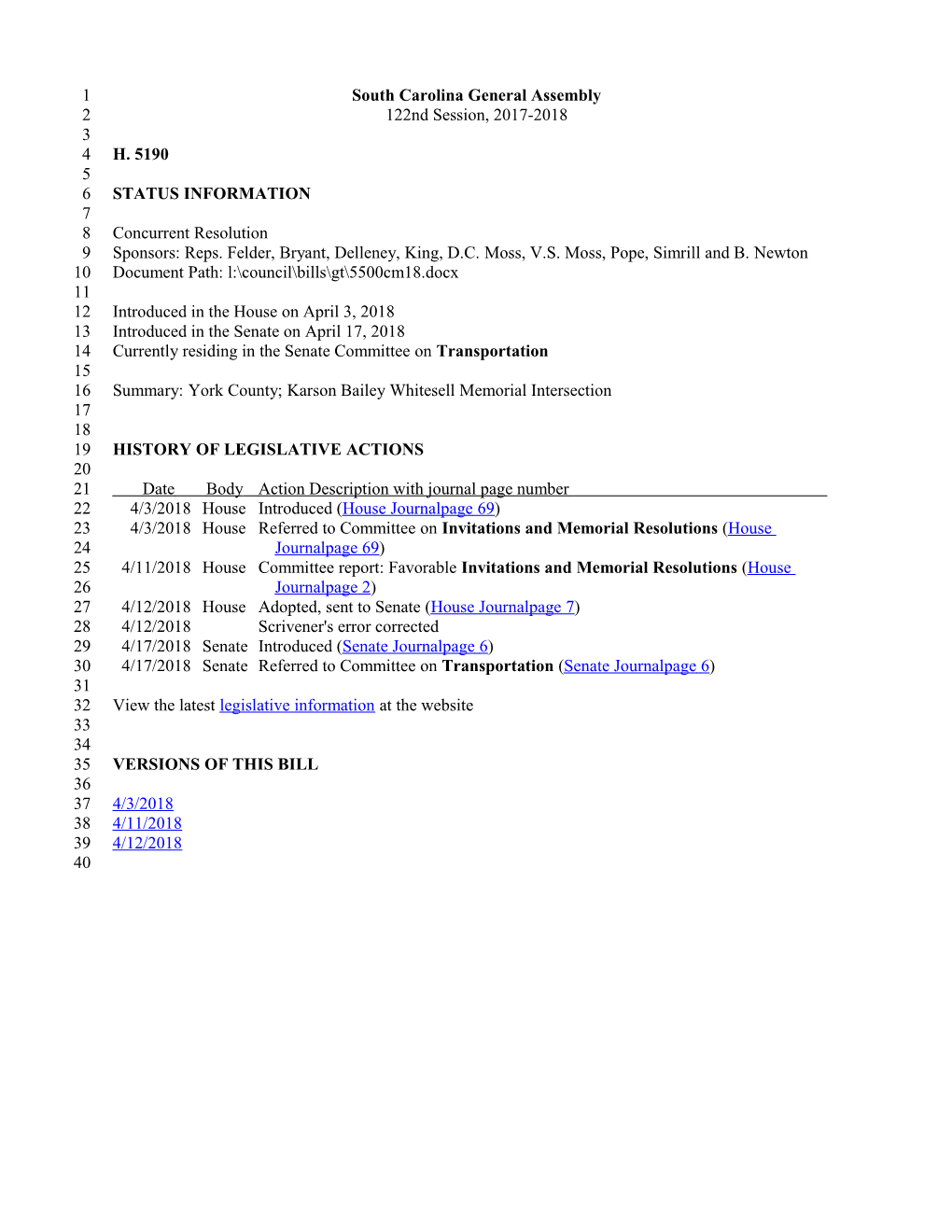 2017-2018 Bill 5190: York County; Karson Bailey Whitesell Memorial Intersection - South