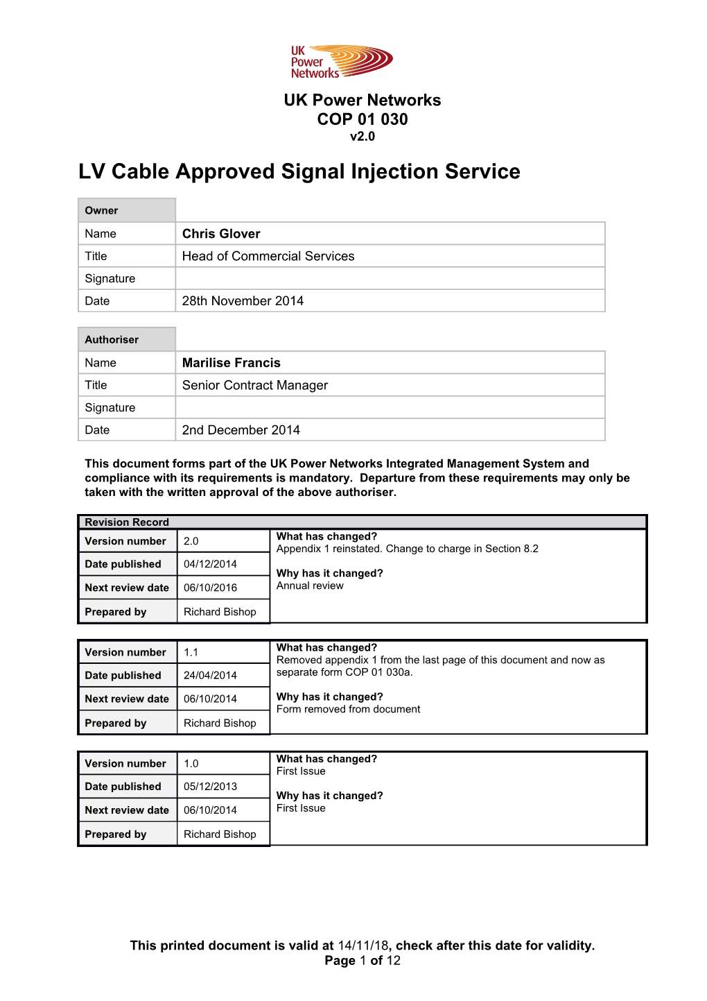 COP 01 030 LV Cable Approved Signal Injection Service