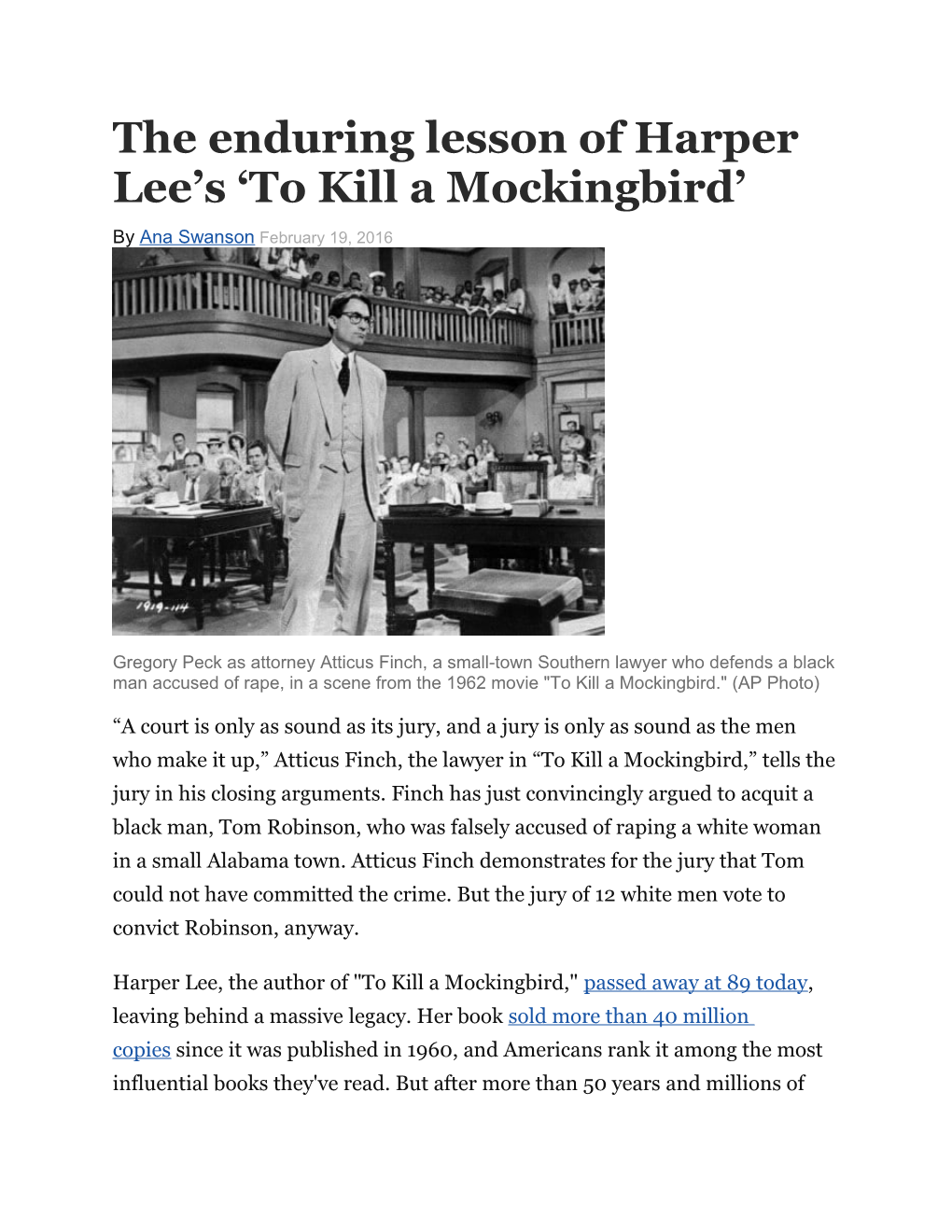 The Enduring Lesson of Harper Lee S to Kill a Mockingbird