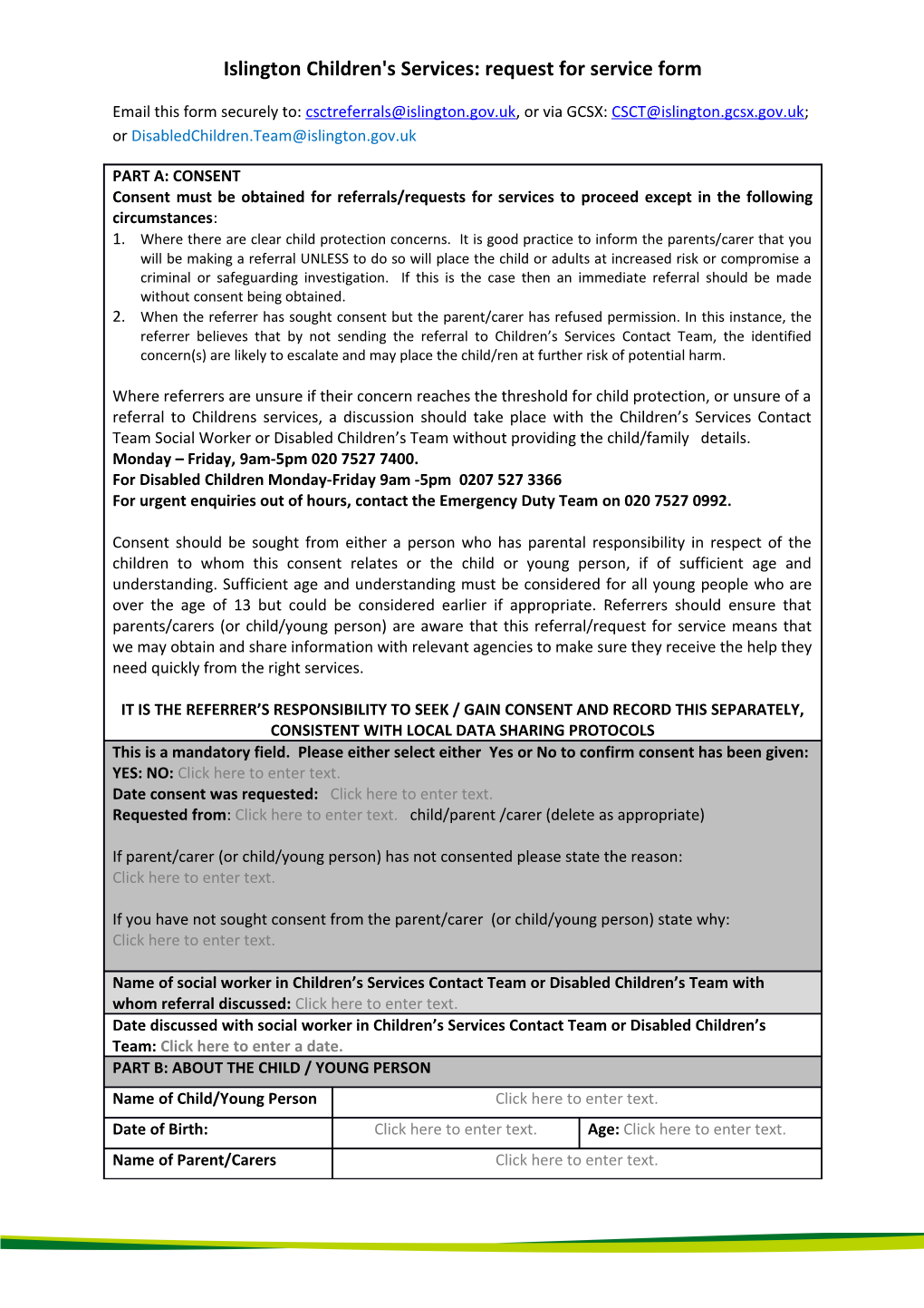 Islington Children's Services: Request for Service Form