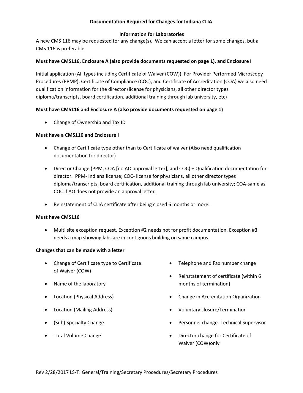 Documentation Required for Changes for Indiana CLIA