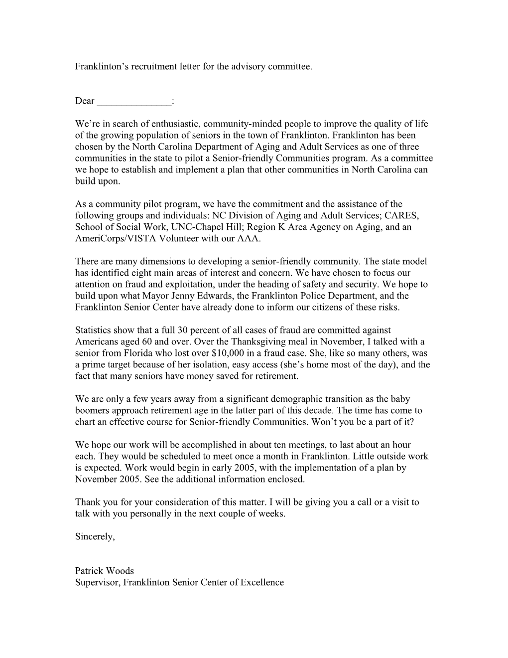 Franklinton S Recruitment Letter for the Advisory Committee