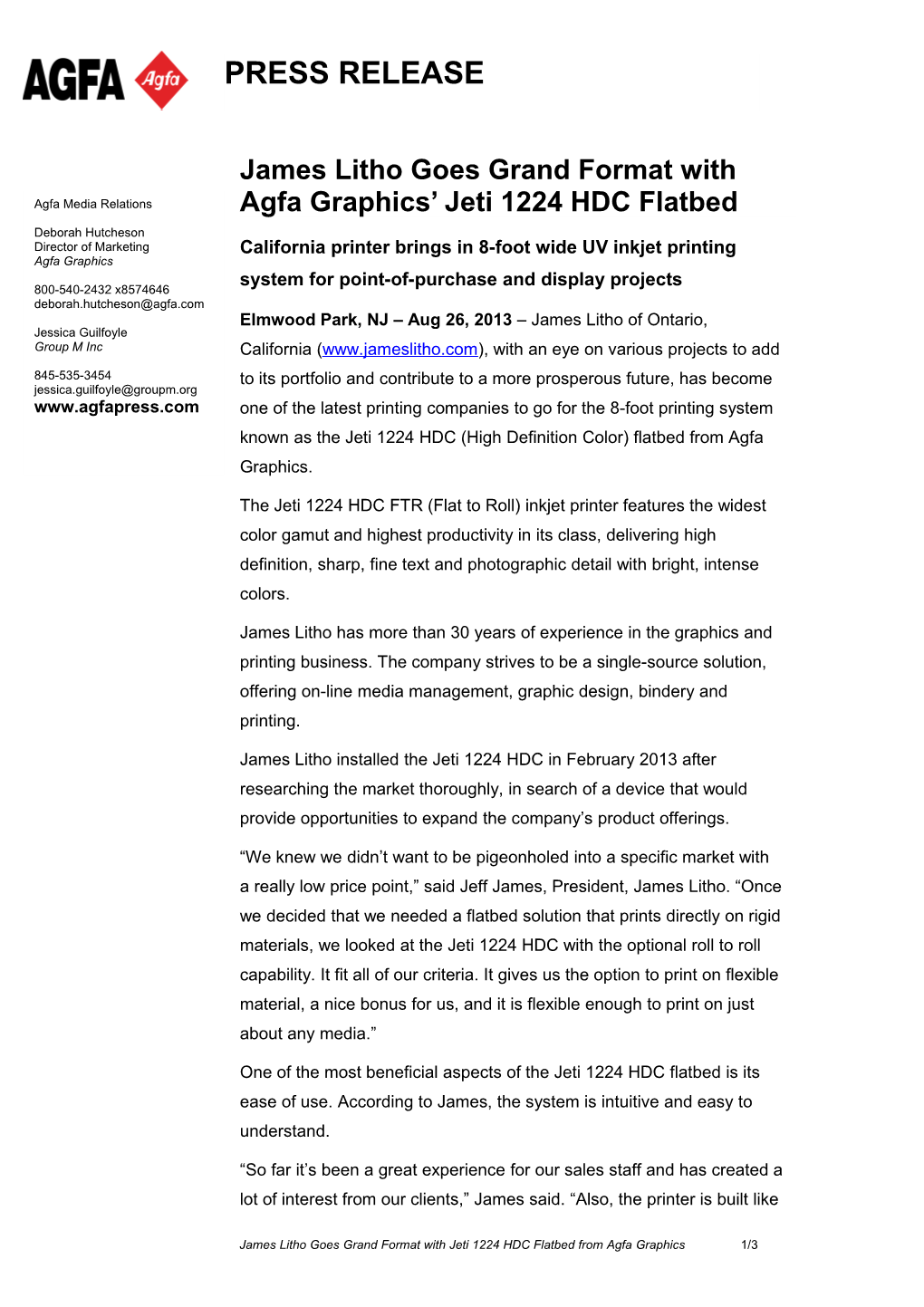 James Litho Goes Grand Format with Agfa Graphics Jeti 1224 HDC Flatbed