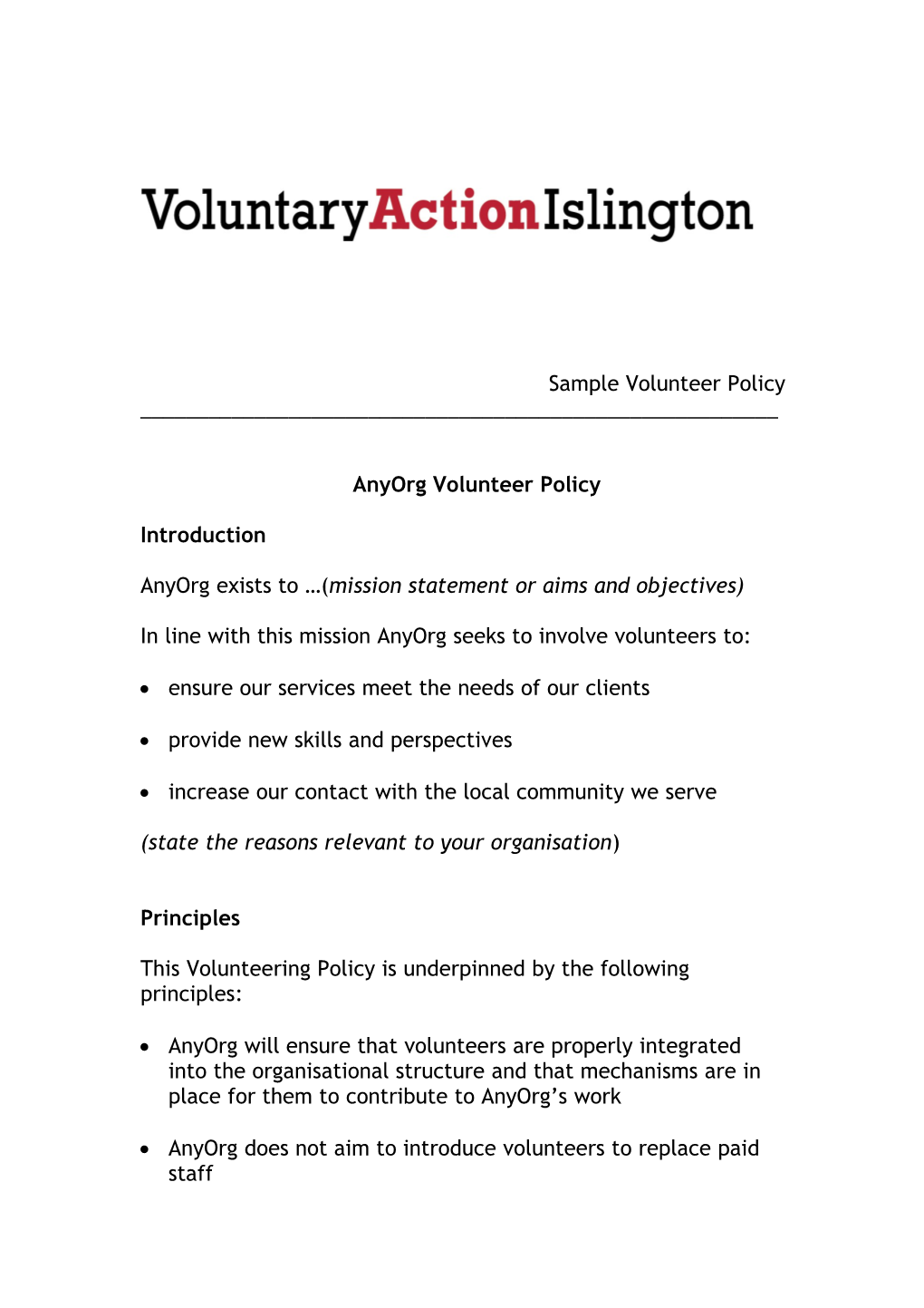 Sample Volunteer Policy