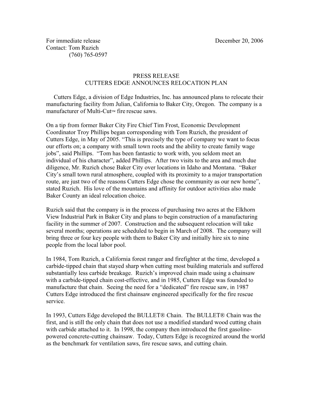 For Immediate Release December 15, 2006