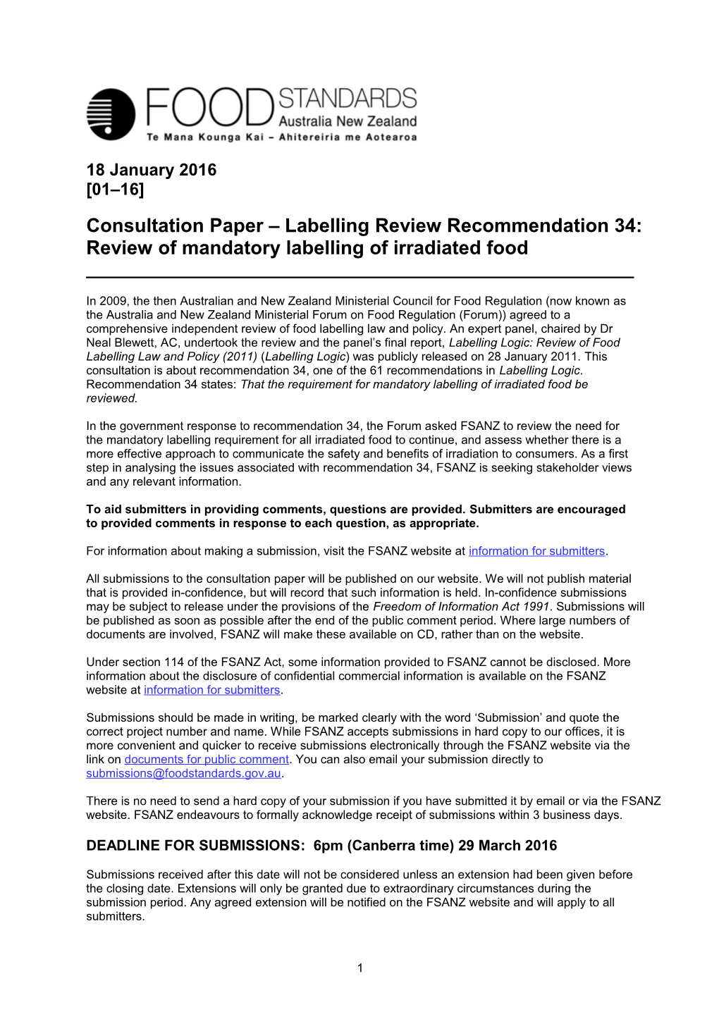 Consultation Paper Labelling Review Recommendation 34: Review of Mandatory Labelling Of