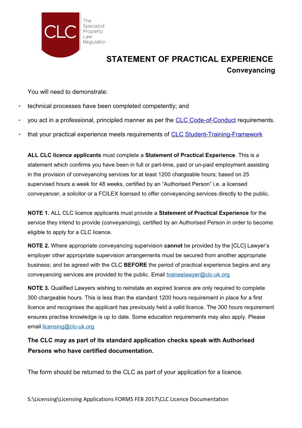 CLC Final Checklist for Practical Training OFR Vfeb15