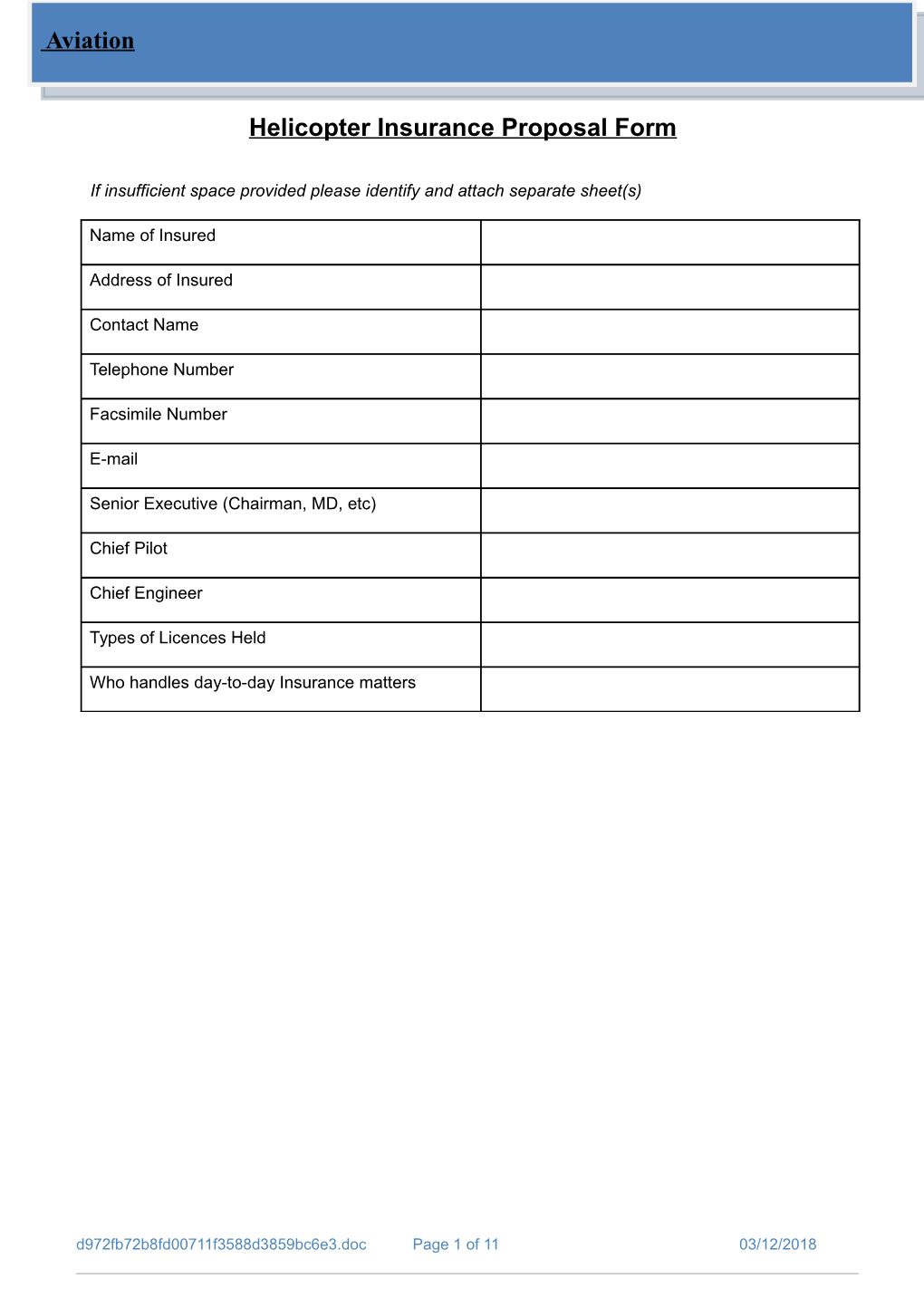 Helicopter Insurance Proposal Form