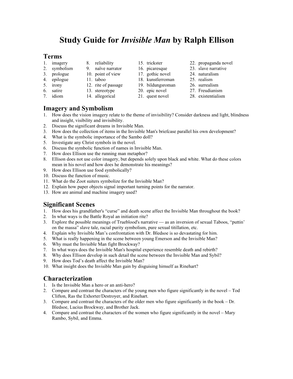 Study Guide for Invisible Man by Ralph Ellison