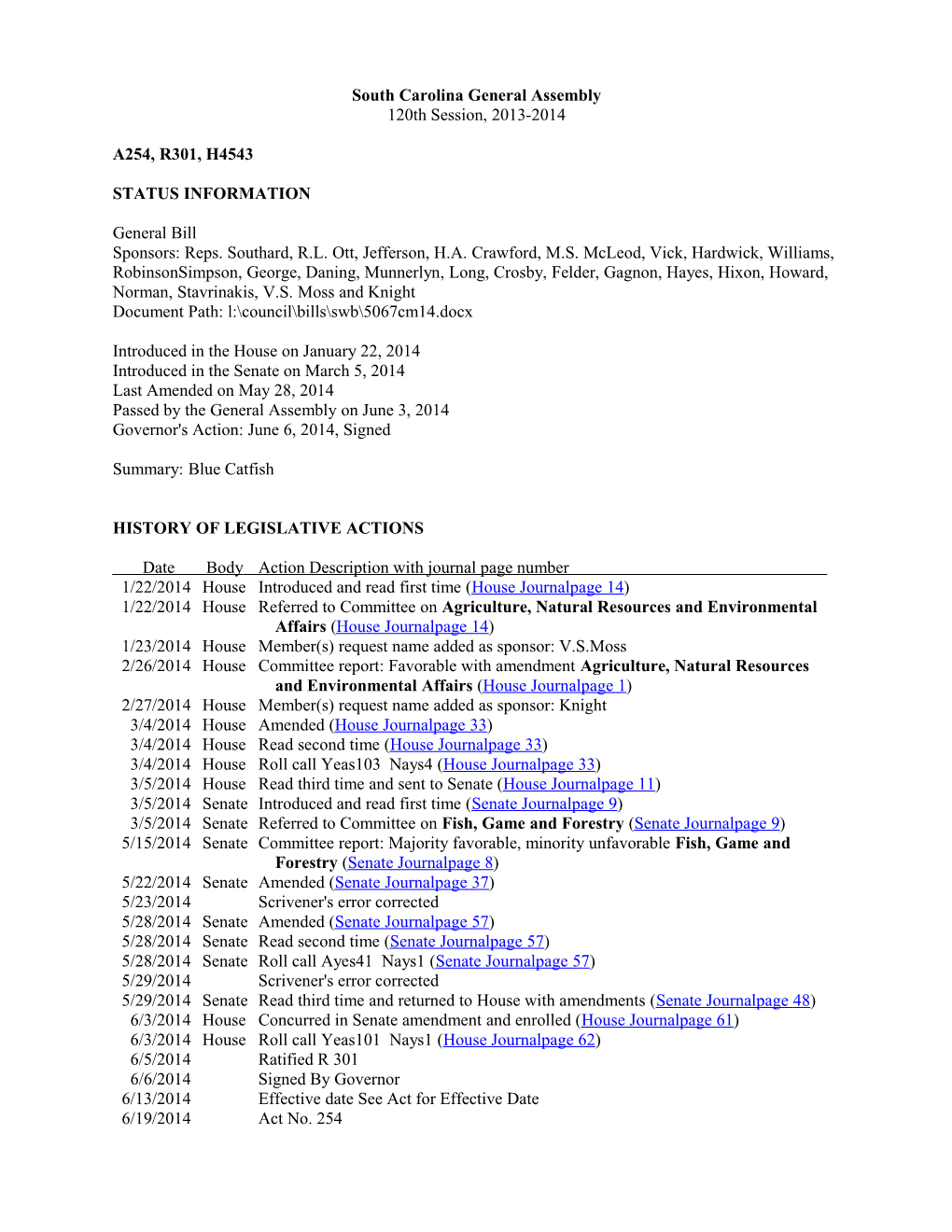 2013-2014 Bill 4543: Blue Catfish - South Carolina Legislature Online