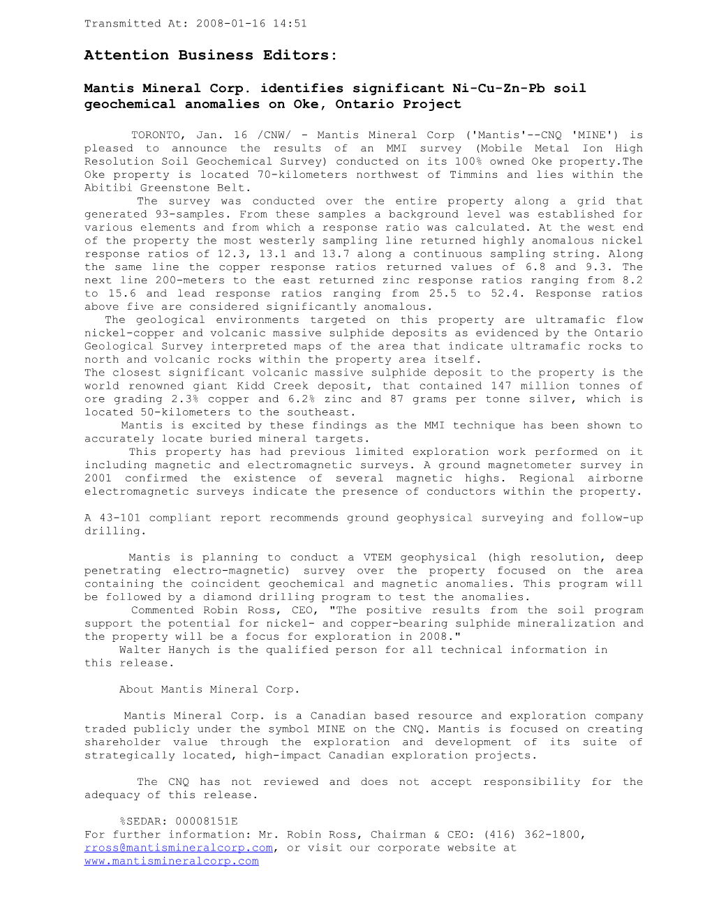 Mantis Mineral Corp. Identifies Significant Ni-Cu-Zn-Pb Soil Geochemical Anomalies On