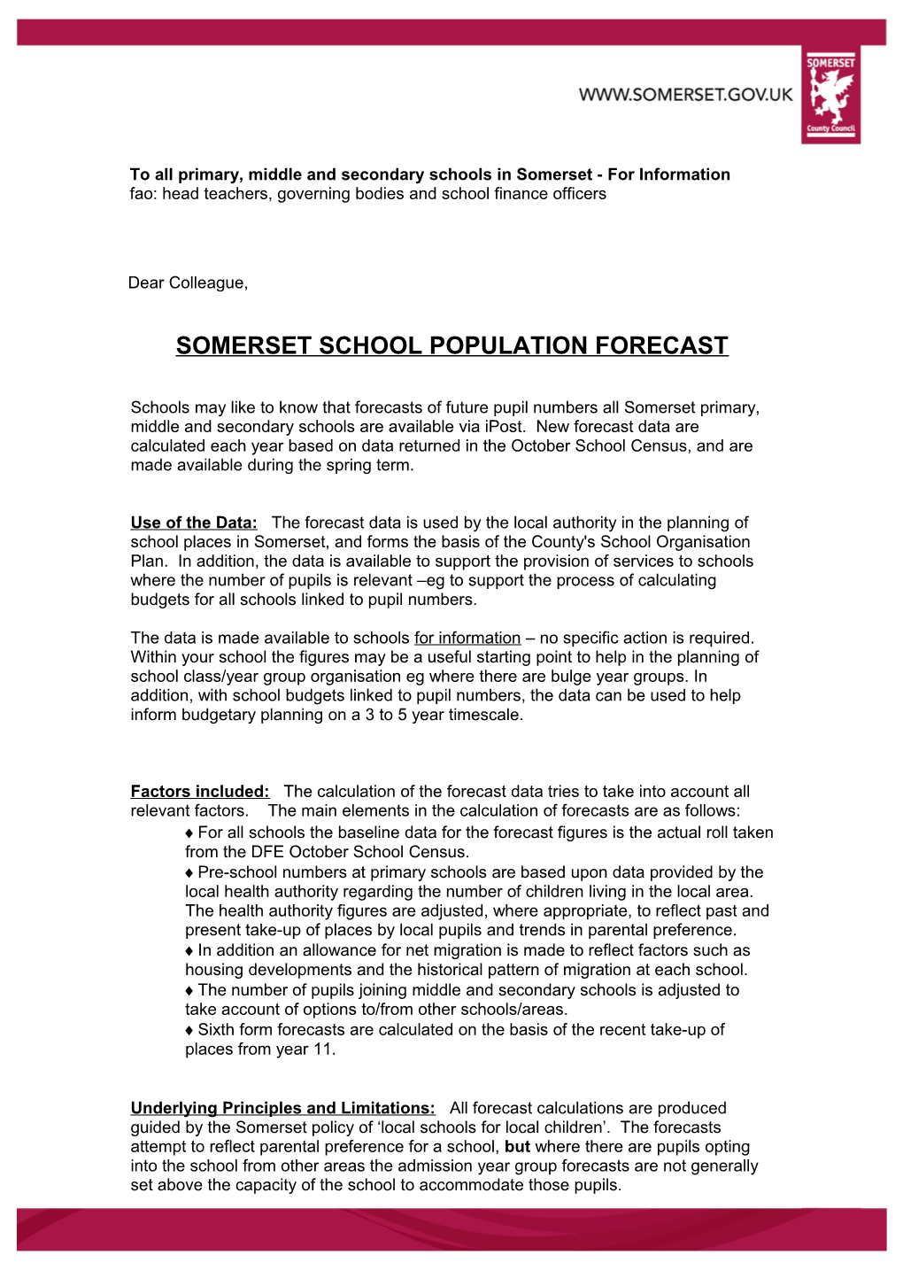 Somerset School Population Forecast