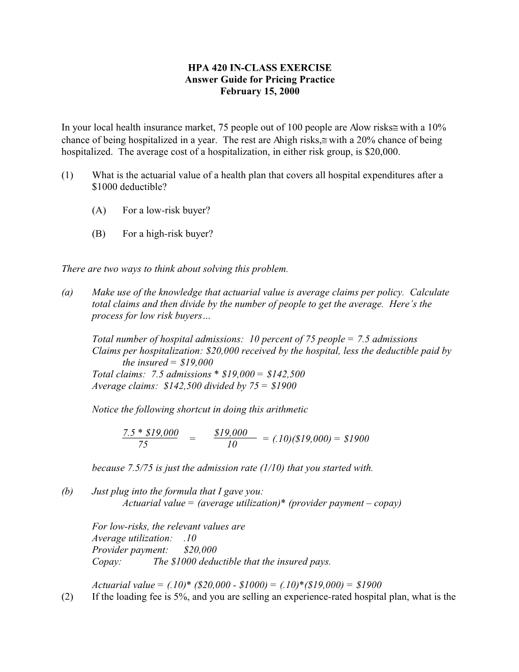 Answer Guide for Pricing Practice