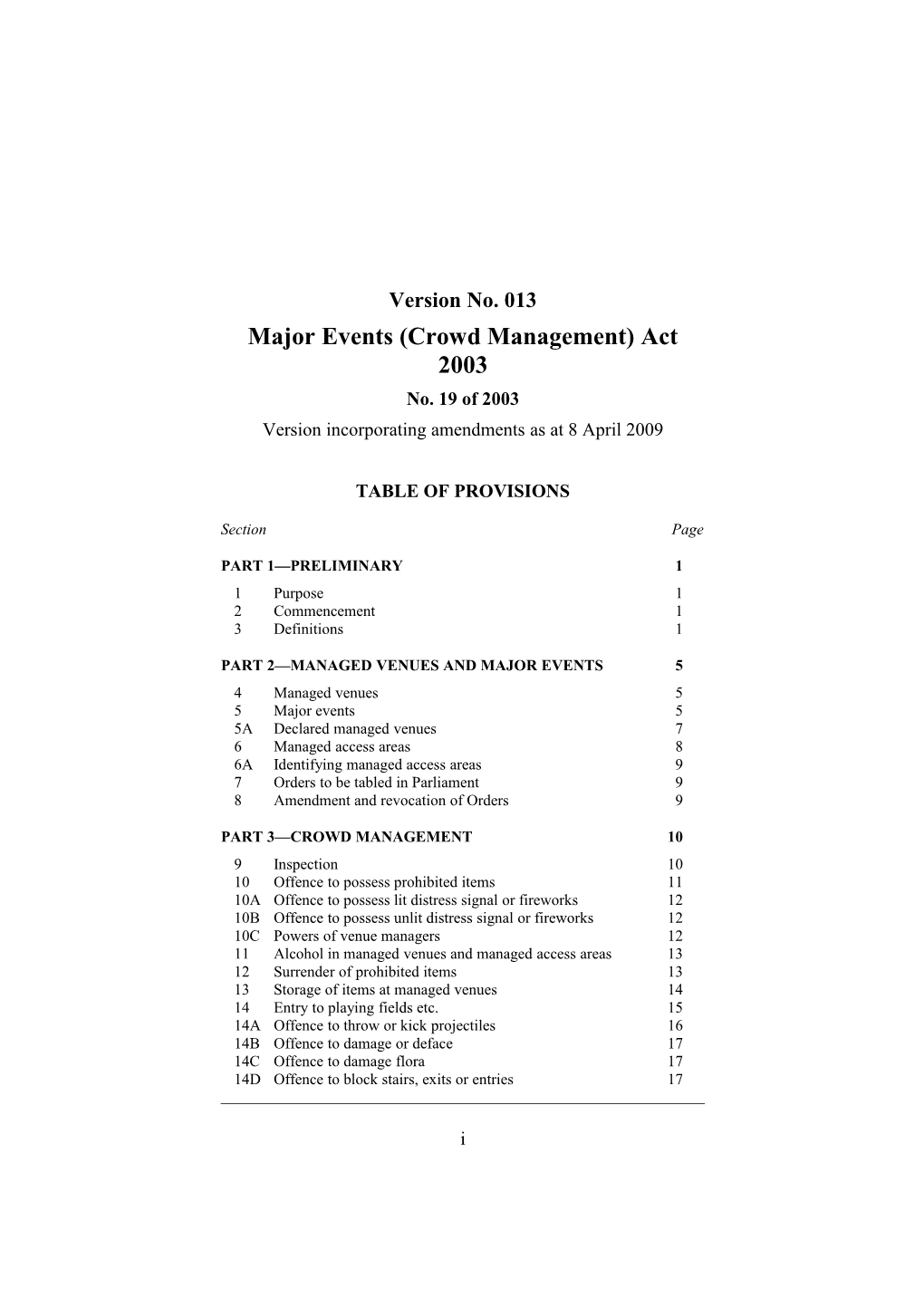 Major Events (Crowd Management) Act 2003