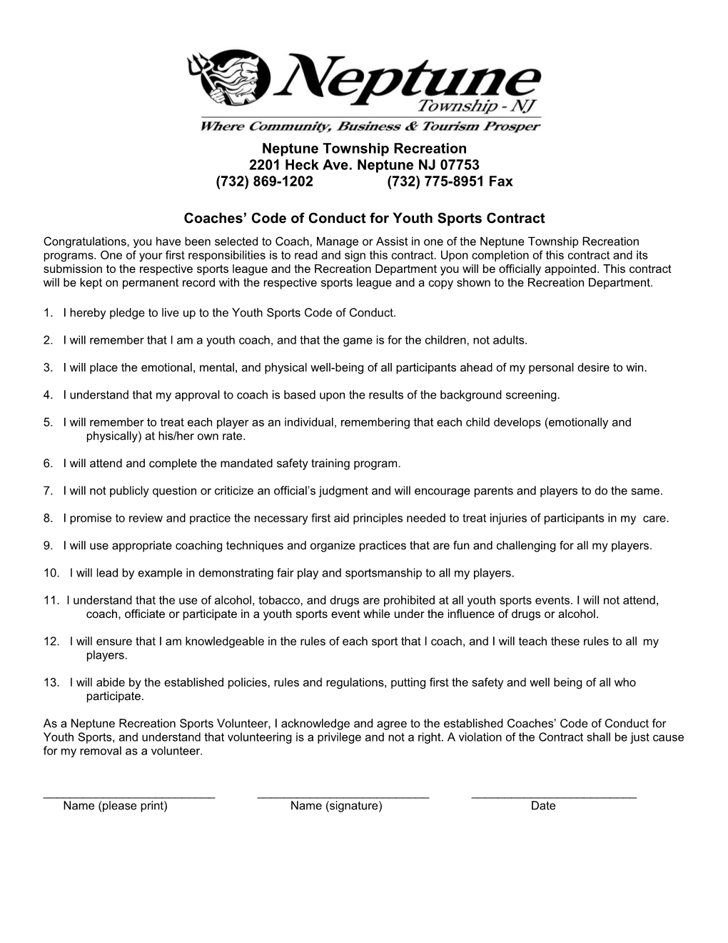 Coaches Code of Conduct for Youth Sports Contract