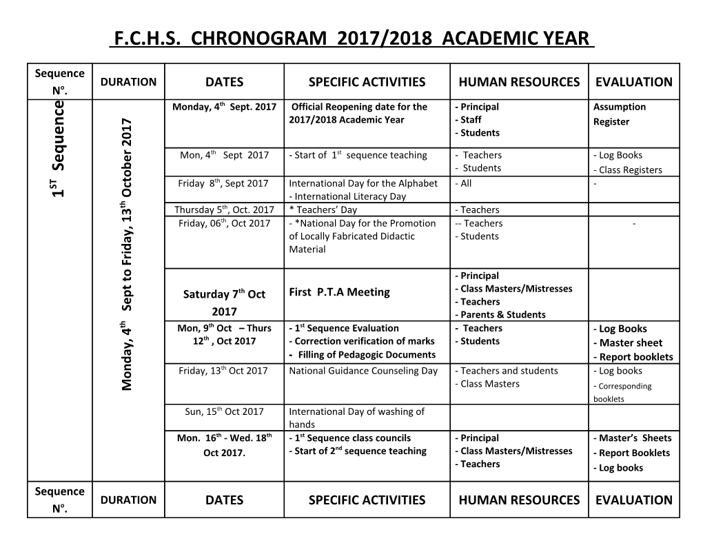 F.C.H.S. Chronogram 2017/2018 Academic Year