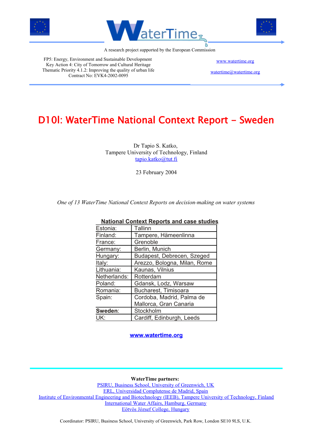 D10l: Watertime National Context Report - Sweden