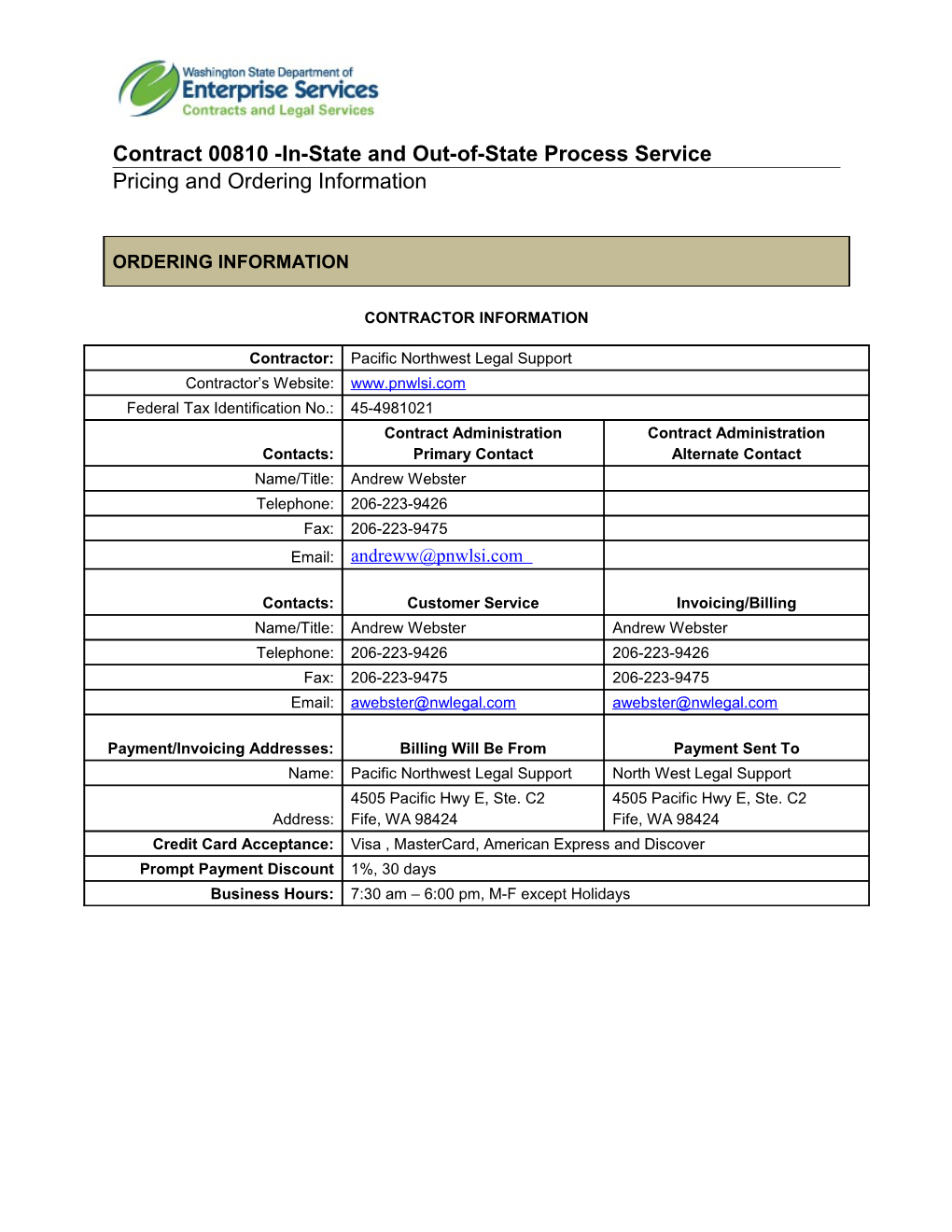 Contract 00810 -In-State and Out-Of-State Process Service