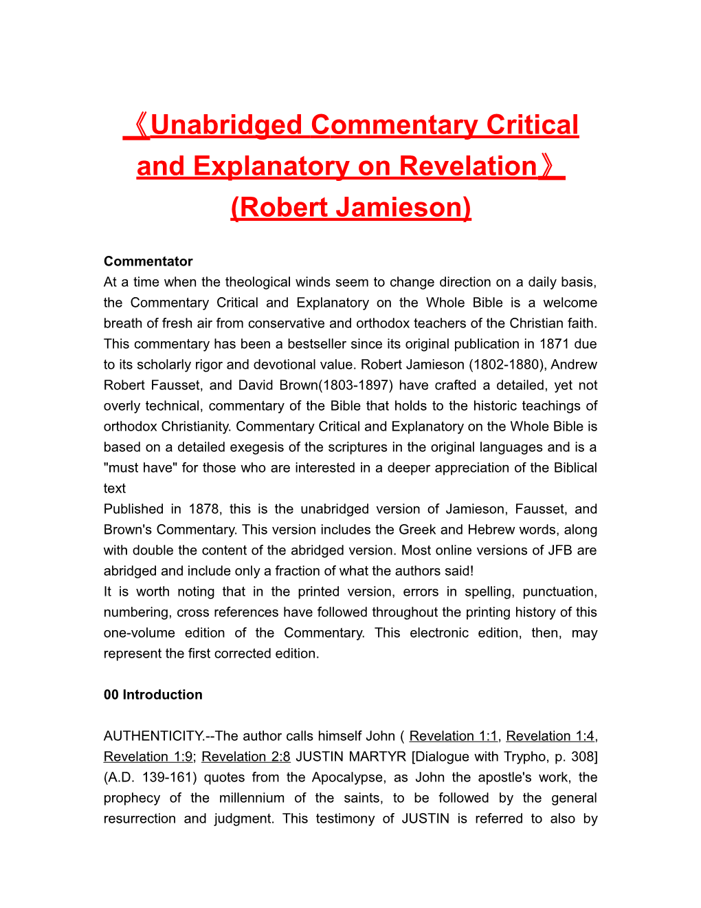 Unabridged Commentarycritical and Explanatory on Revelation (Robert Jamieson)