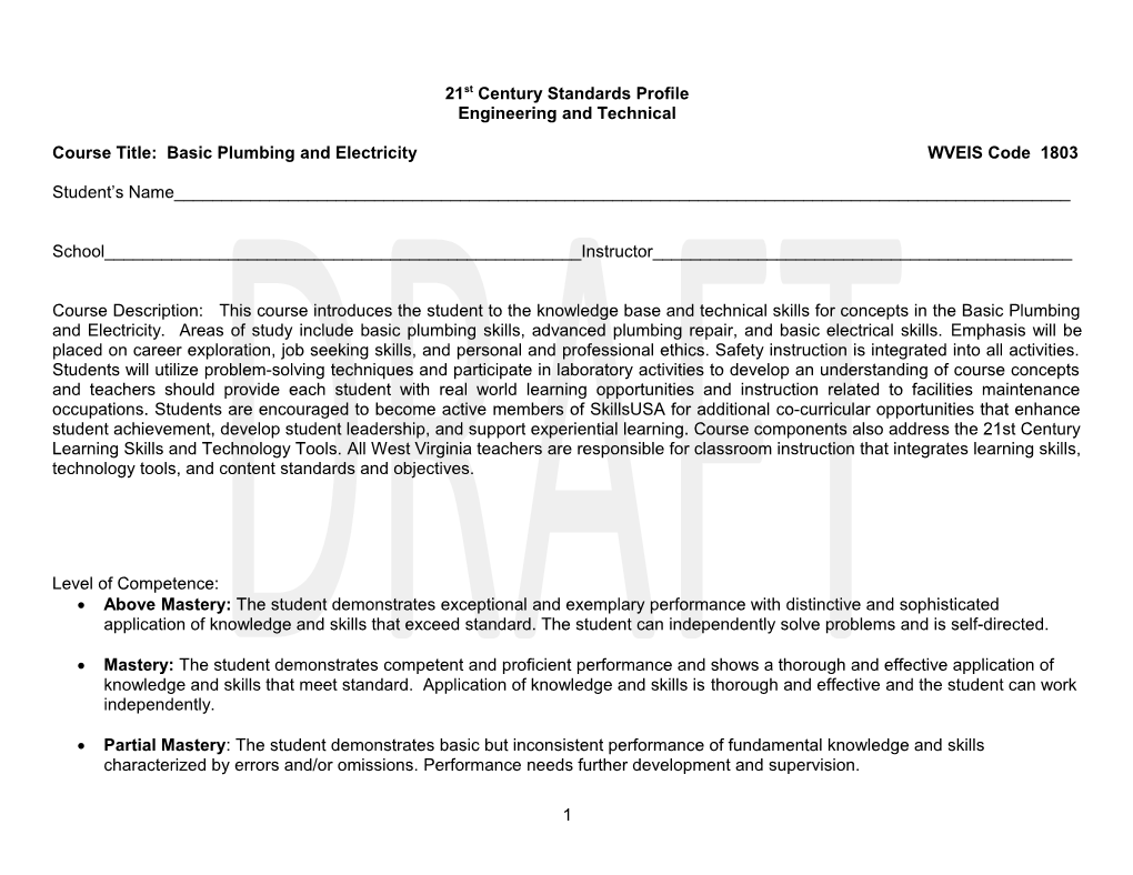 Course Title: Basic Plumbing and Electricity WVEIS Code 1803