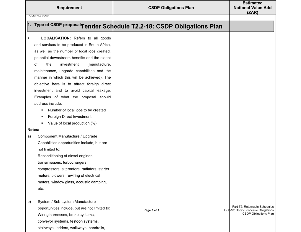 Tender Schedule T2.2-18: CSDP Obligations Plan