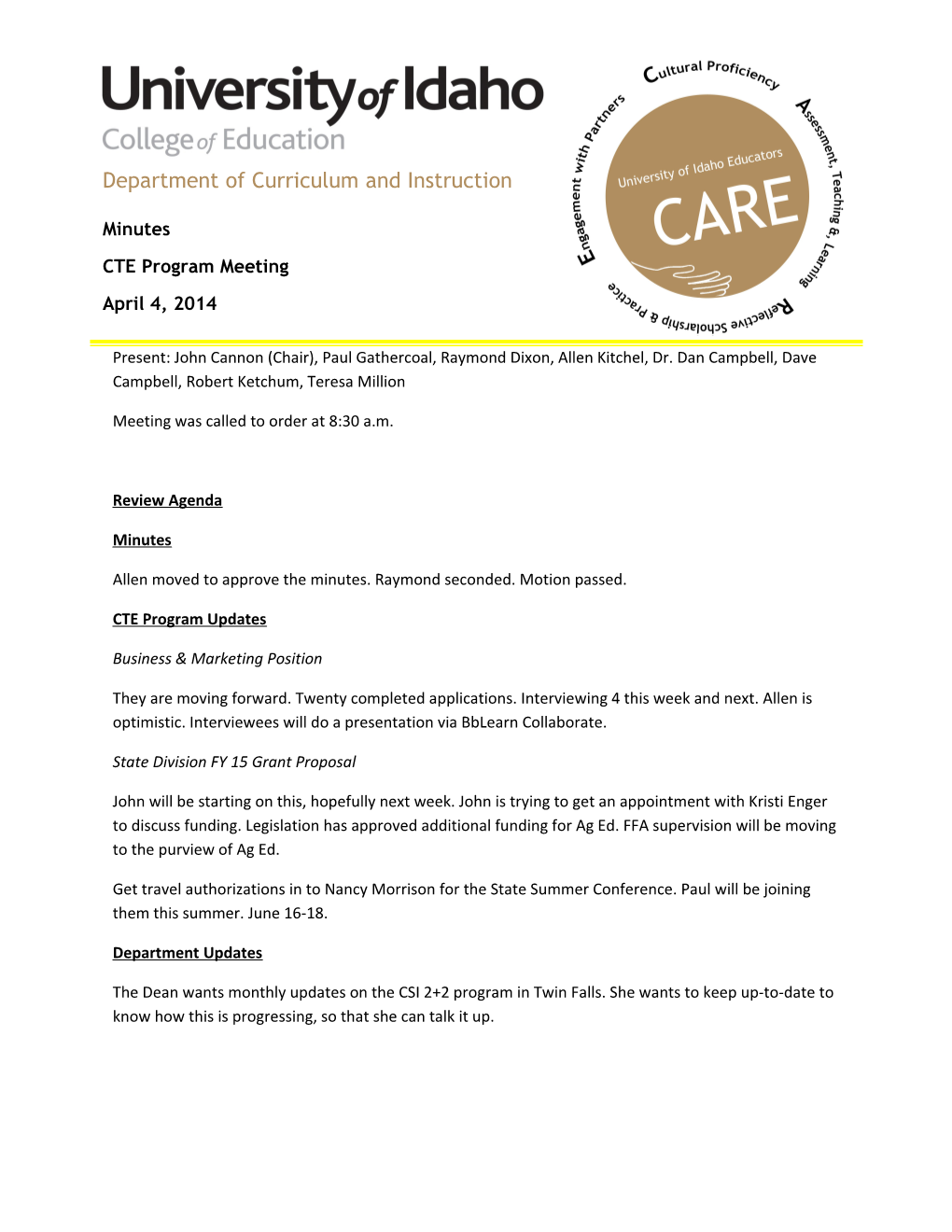 Curriculum & Instruction/ CTE Program Meeting/April 4, 20141