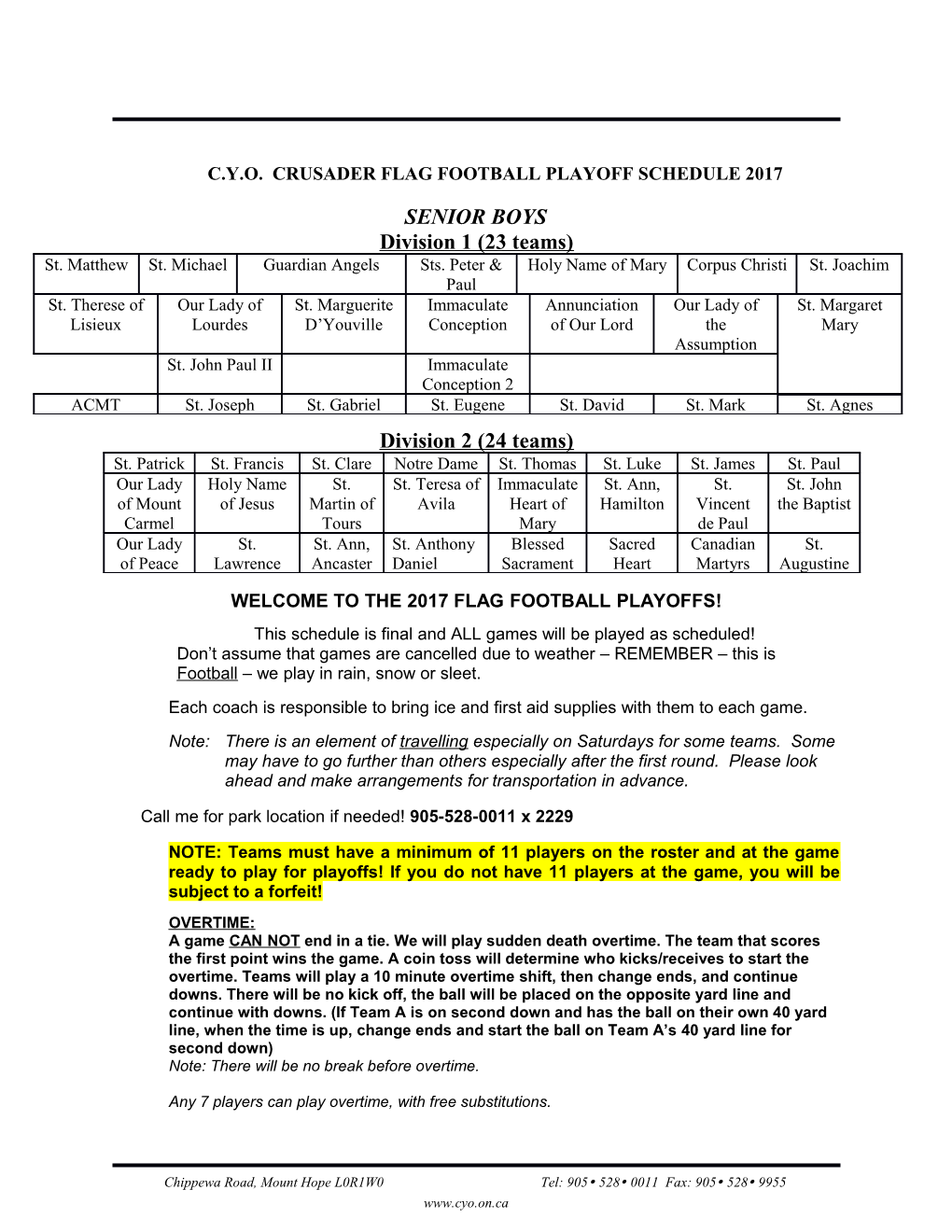 C.Y.O. Crusader Flag Football Playoff Schedule 2017