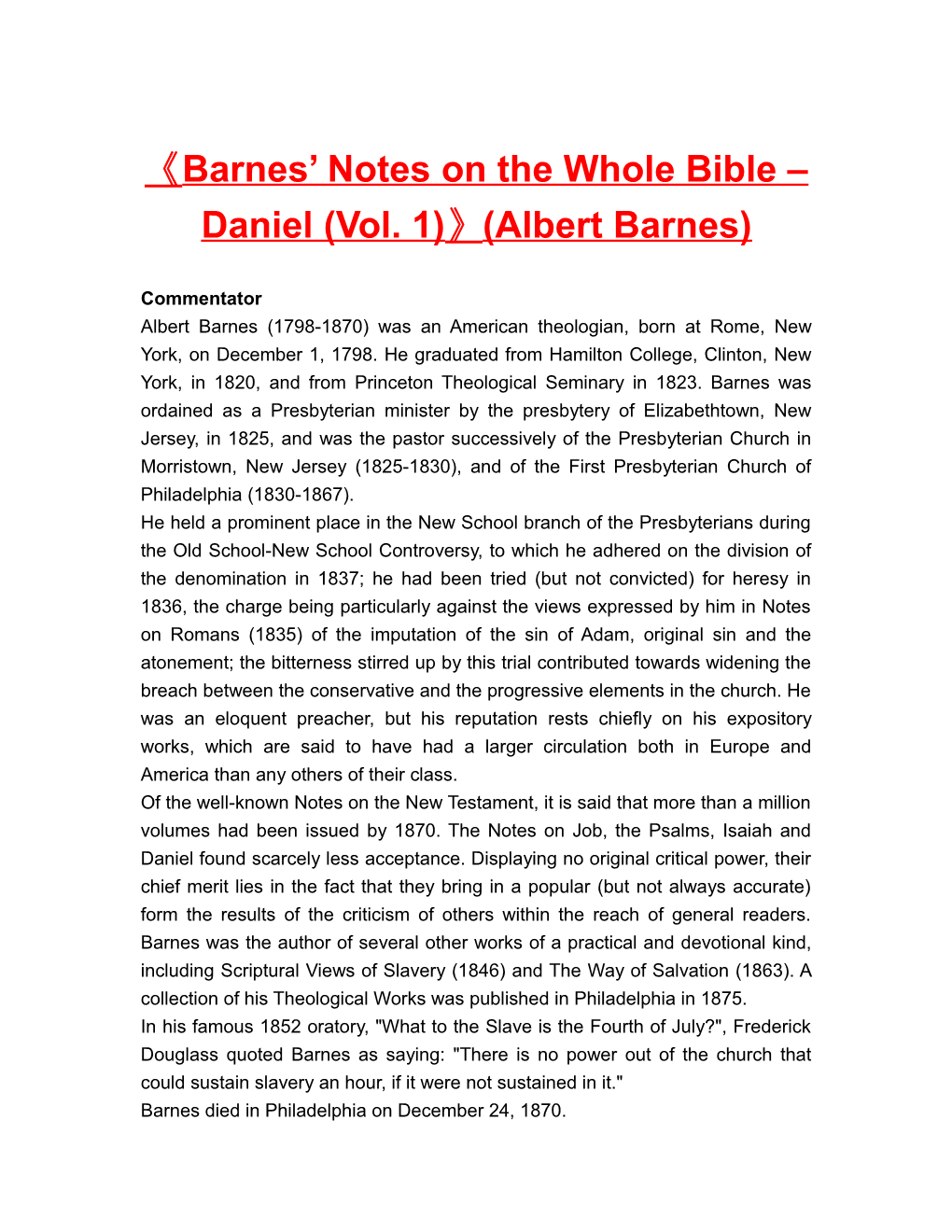 Barnes Notes on the Whole Bible Daniel (Vol. 1) (Albert Barnes)
