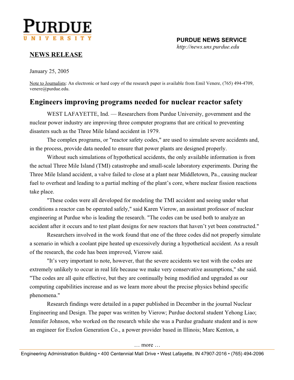 Engineers Improving Programs Needed for Nuclear Reactor Safety