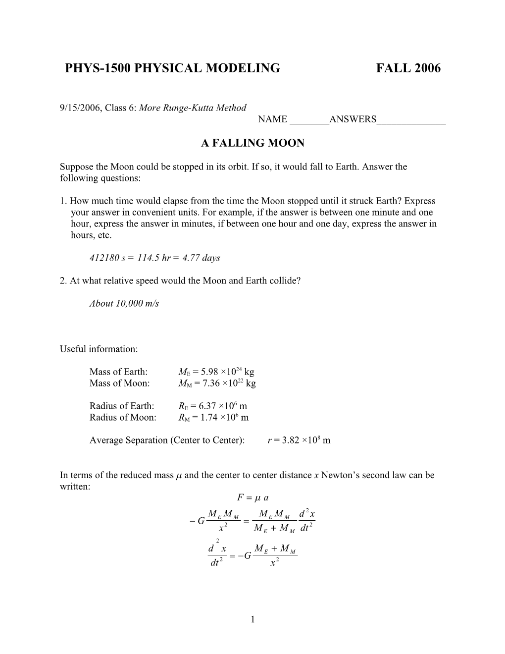 Phys-1500 Physical Modeling Fall 2005