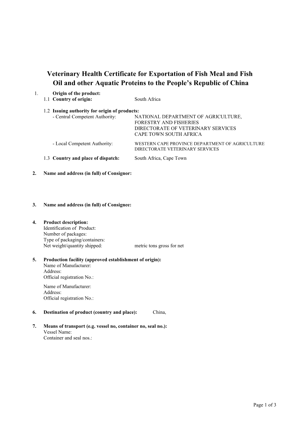 Bse Free Certification for Fishmeal