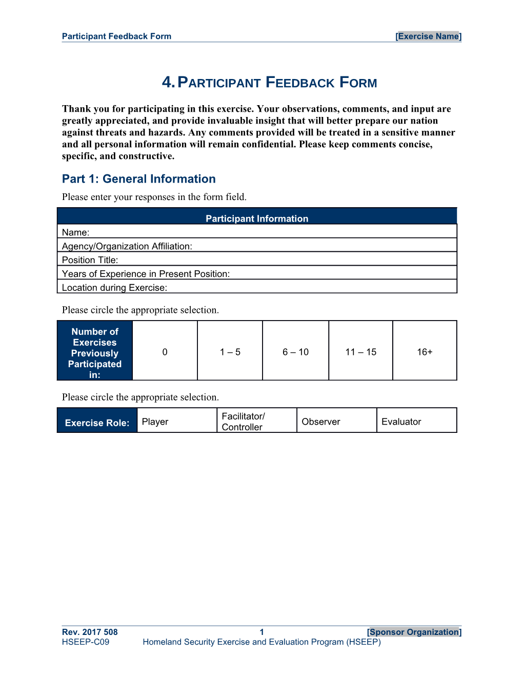 Participant Feedback Form Template