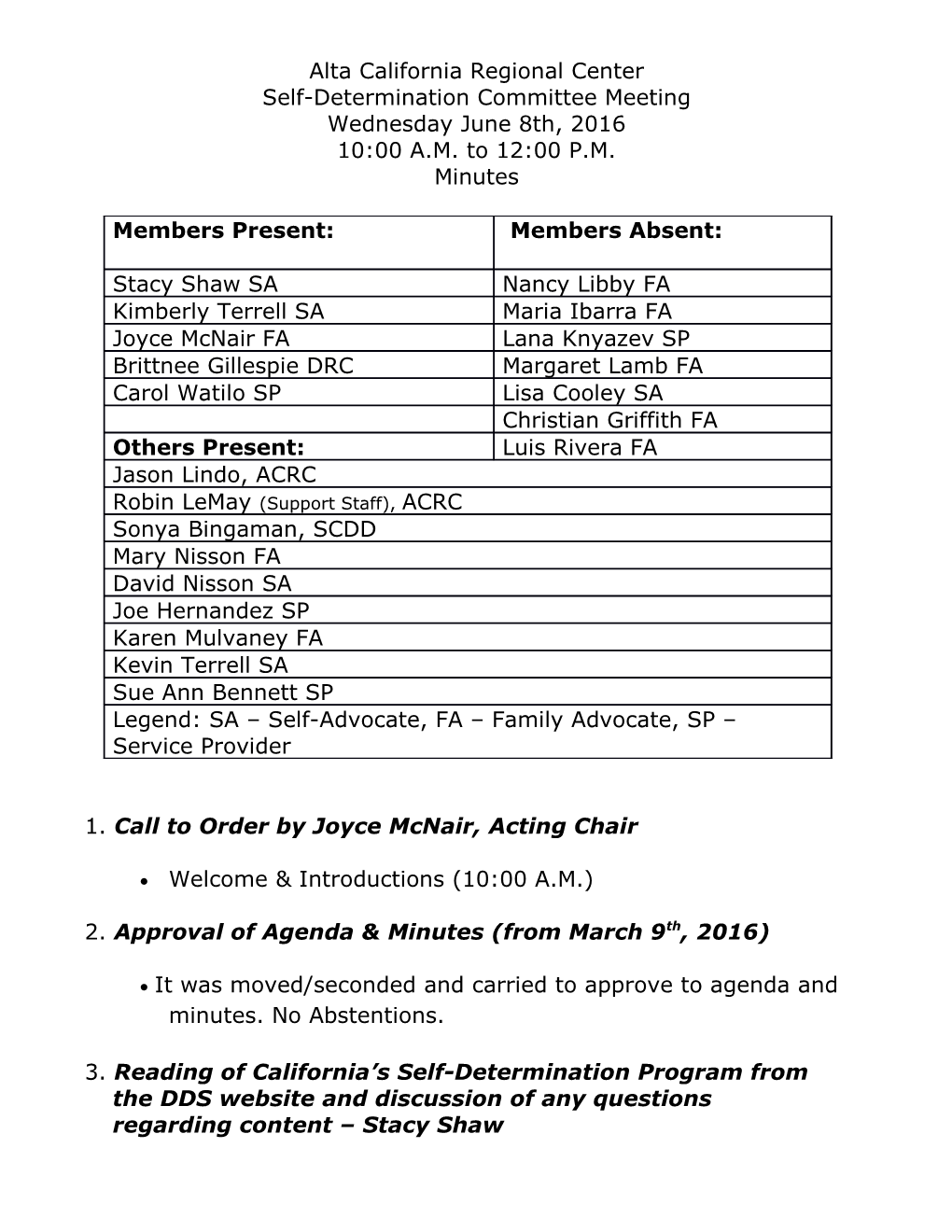 Self-Determination Meeting Minutes 6/8/16